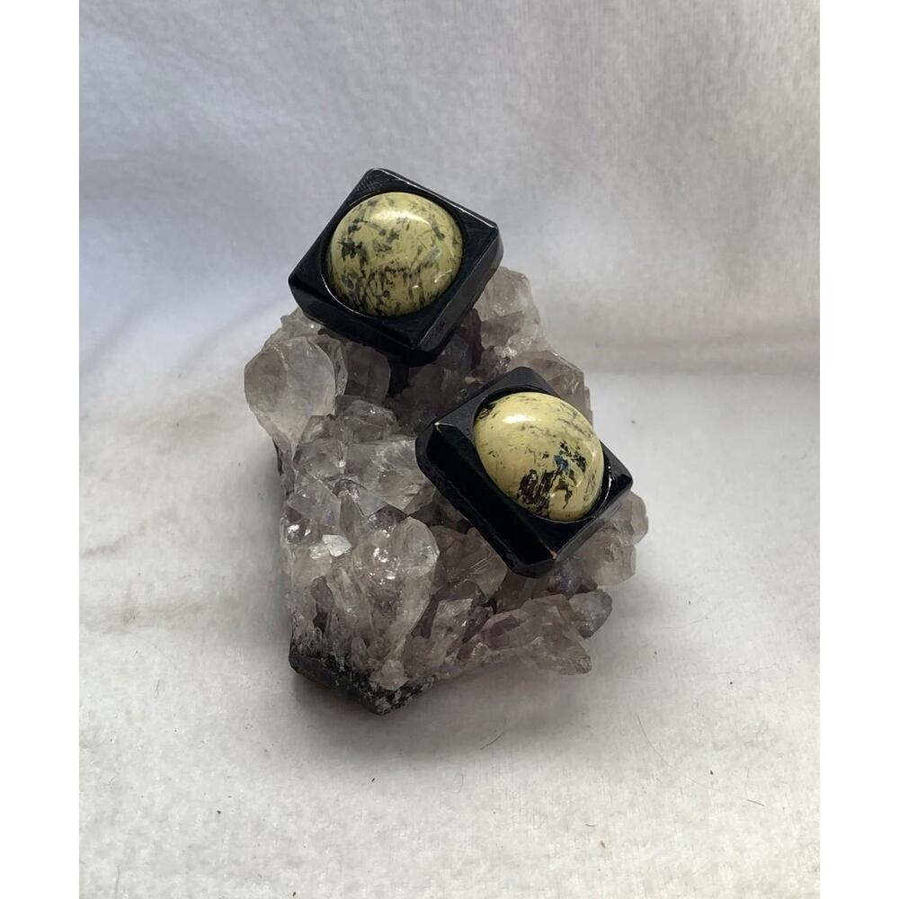 2 Large Vintage Black Crème Marble Swirl Square Round Dome Shank Buttons 1” Diam